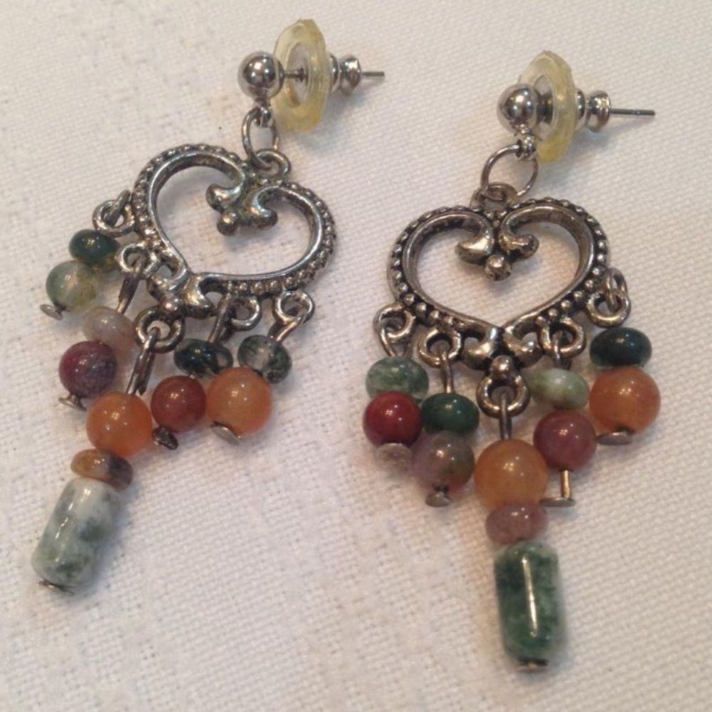 Vintage Silver Dangling Earrings With Multi Color Beads Boho